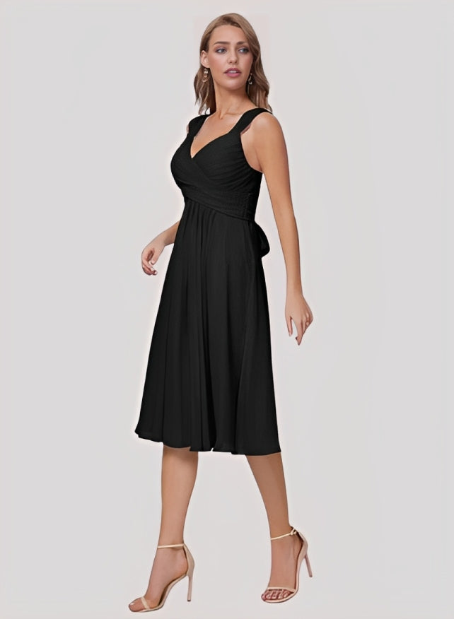 A-Line V-Neck Sleeveless Chiffon Knee-length Bridesmaid Dress With Pleated Bow Pockets