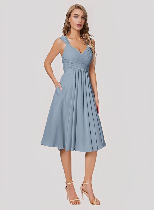 A-Line V-Neck Sleeveless Chiffon Knee-length Bridesmaid Dress With Pleated Bow Pockets
