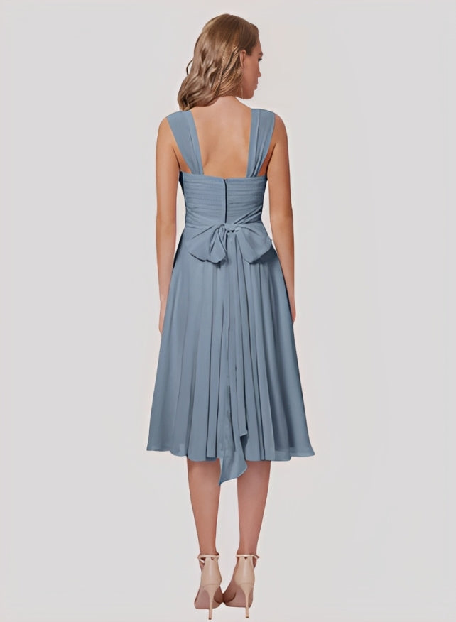 A-Line V-Neck Sleeveless Chiffon Knee-length Bridesmaid Dress With Pleated Bow Pockets
