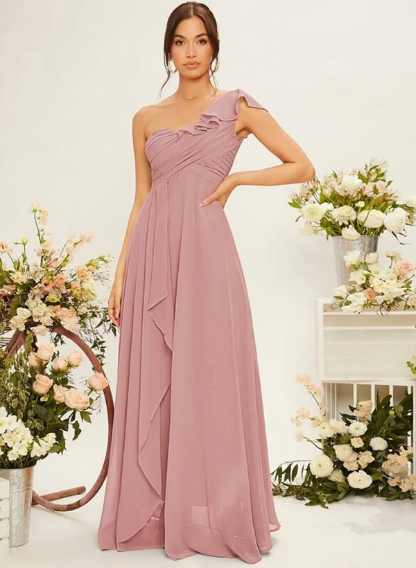 One-Shoulder Chiffon Bridesmaid Dress With Cascading Ruffles