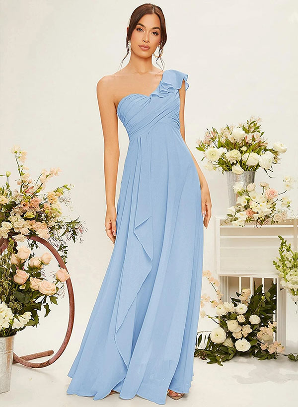 One-Shoulder Chiffon Bridesmaid Dress With Cascading Ruffles