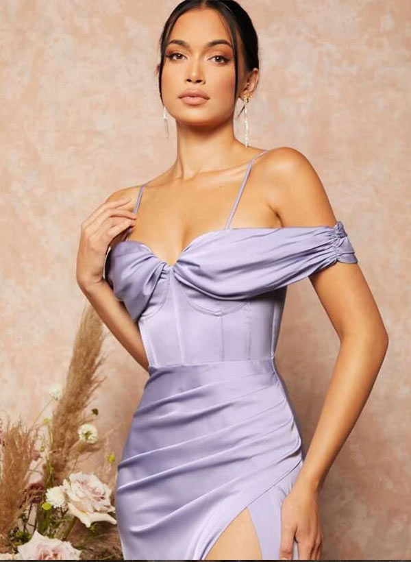 Off-The-Shoulder Floor-Length Satin Bridesmaid Dress With Split Front