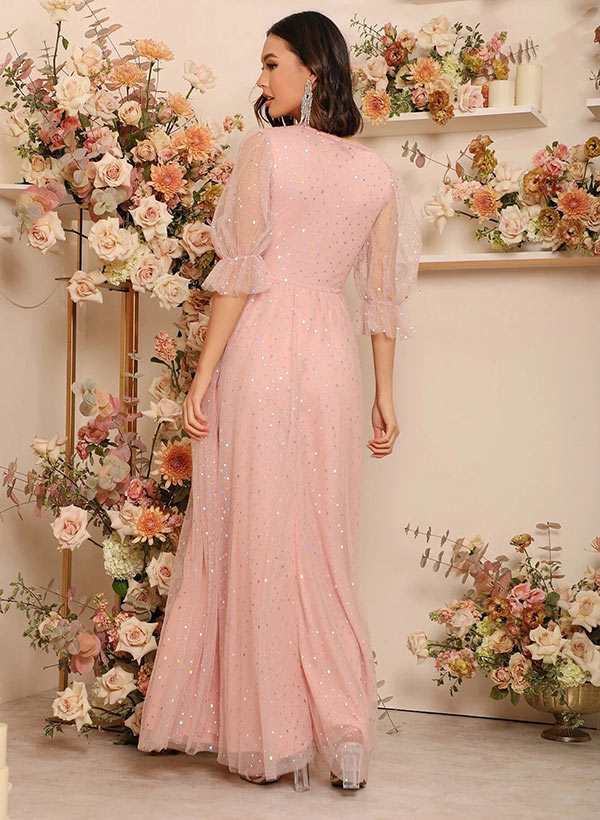 Floor-Length Tulle Bridesmaid Dress with A-Line V-Neck