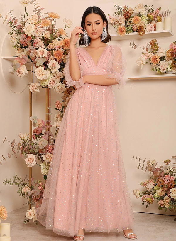 Floor-Length Tulle Bridesmaid Dress with A-Line V-Neck