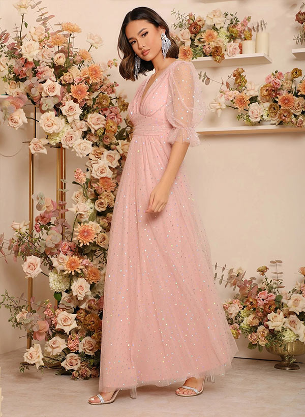 Floor-Length Tulle Bridesmaid Dress with A-Line V-Neck