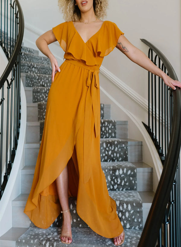 Sleeveless A-Line V-neck Chiffon Bridesmaid Dress with Asymmetrical Hem and Bow Details