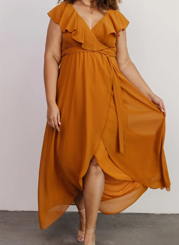 Sleeveless A-Line V-neck Chiffon Bridesmaid Dress with Asymmetrical Hem and Bow Details