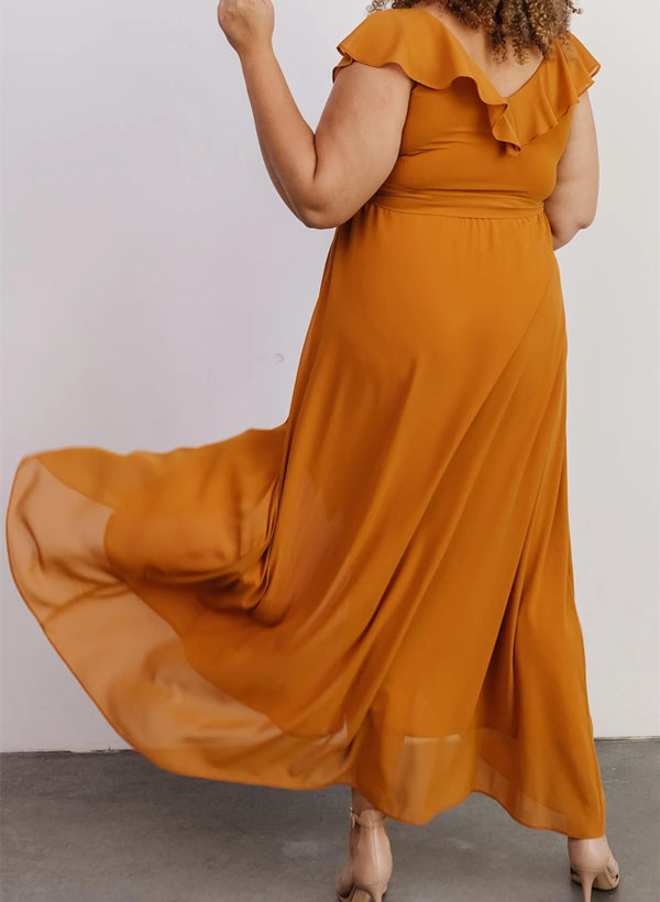 Sleeveless A-Line V-neck Chiffon Bridesmaid Dress with Asymmetrical Hem and Bow Details
