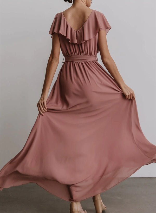 Sleeveless A-Line V-neck Chiffon Bridesmaid Dress with Asymmetrical Hem and Bow Details