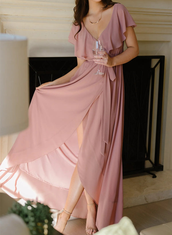 Sleeveless A-Line V-neck Chiffon Bridesmaid Dress with Asymmetrical Hem and Bow Details