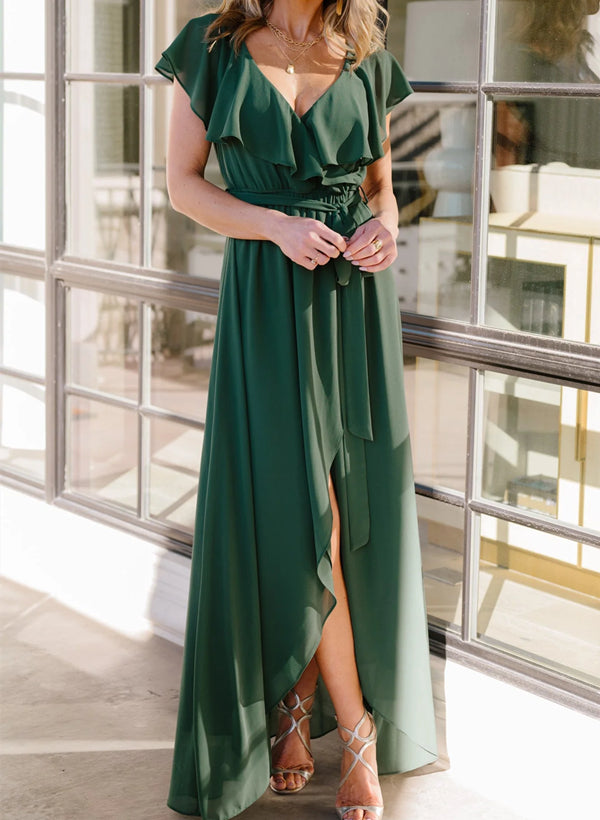 Sleeveless A-Line V-neck Chiffon Bridesmaid Dress with Asymmetrical Hem and Bow Details