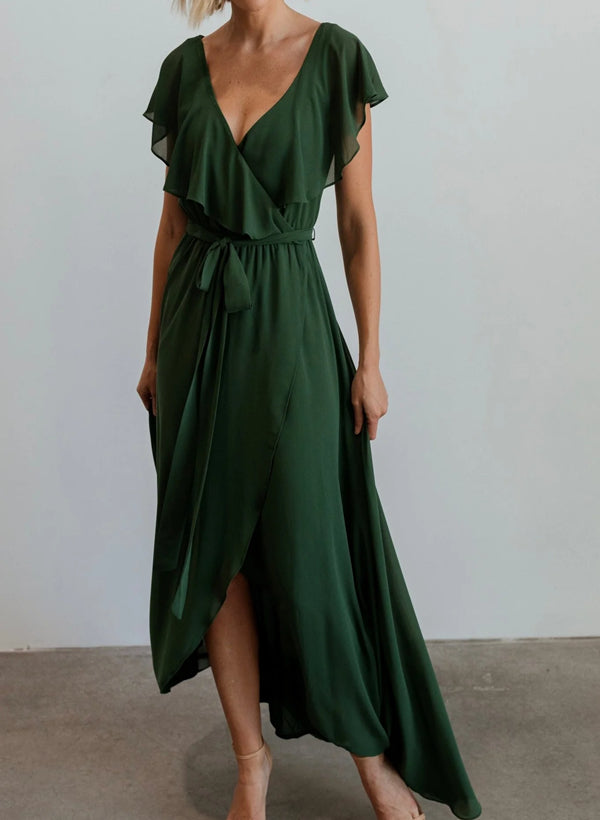 Sleeveless A-Line V-neck Chiffon Bridesmaid Dress with Asymmetrical Hem and Bow Details