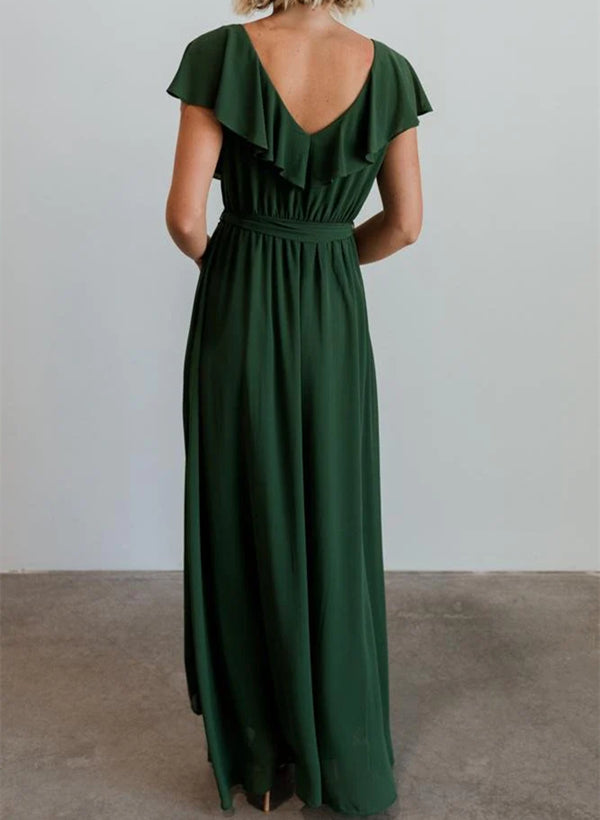 Sleeveless A-Line V-neck Chiffon Bridesmaid Dress with Asymmetrical Hem and Bow Details