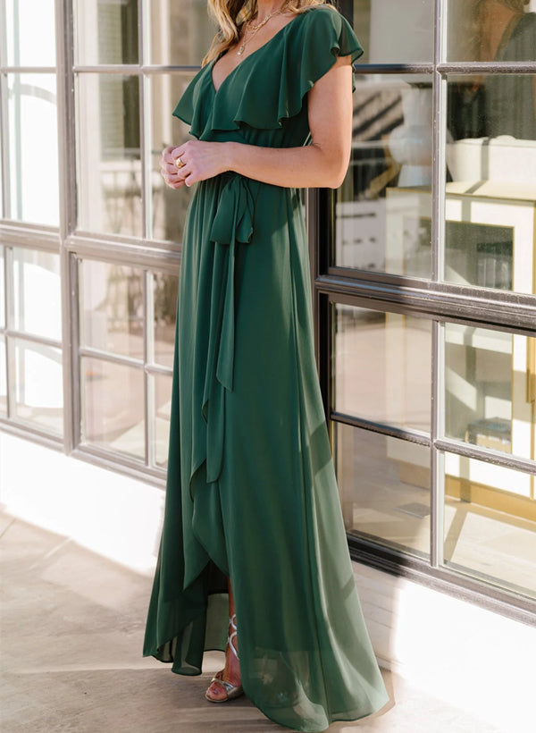 Sleeveless A-Line V-neck Chiffon Bridesmaid Dress with Asymmetrical Hem and Bow Details