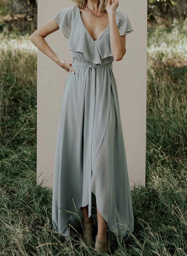 Sleeveless A-Line V-neck Chiffon Bridesmaid Dress with Asymmetrical Hem and Bow Details