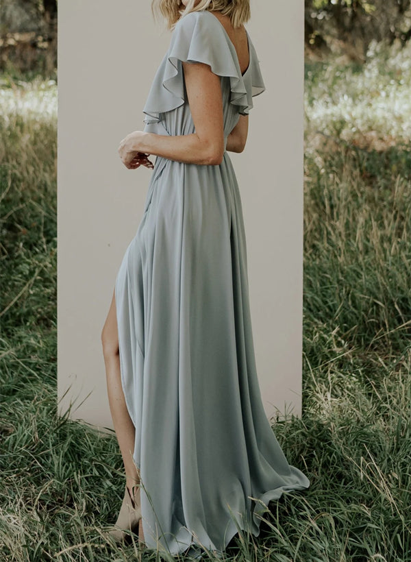 Sleeveless A-Line V-neck Chiffon Bridesmaid Dress with Asymmetrical Hem and Bow Details