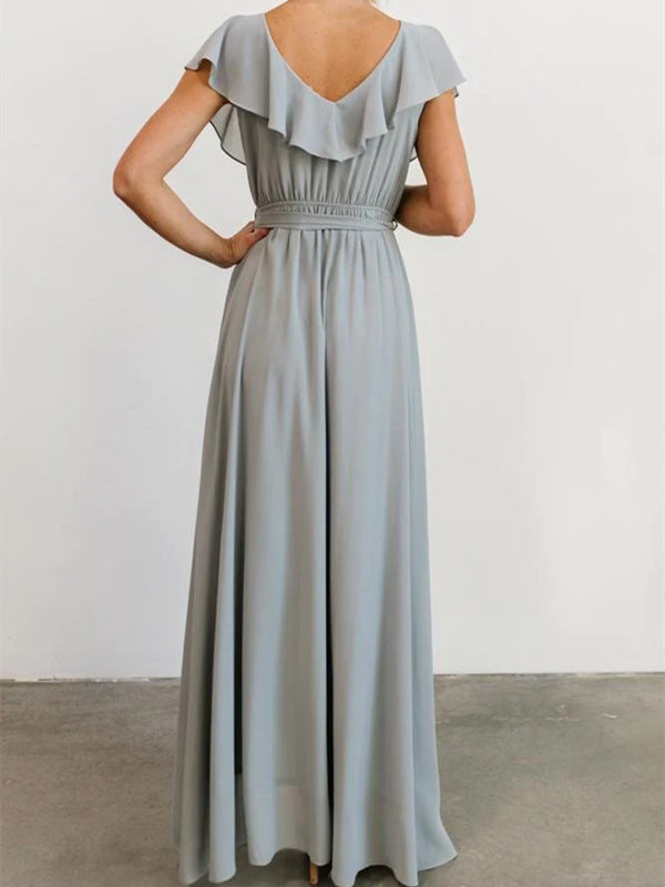 Sleeveless A-Line V-neck Chiffon Bridesmaid Dress with Asymmetrical Hem and Bow Details