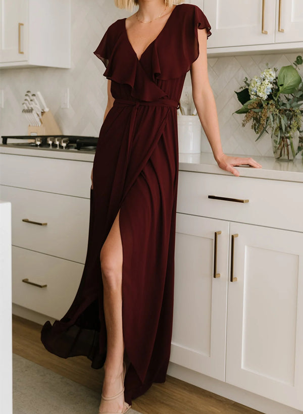 Sleeveless A-Line V-neck Chiffon Bridesmaid Dress with Asymmetrical Hem and Bow Details