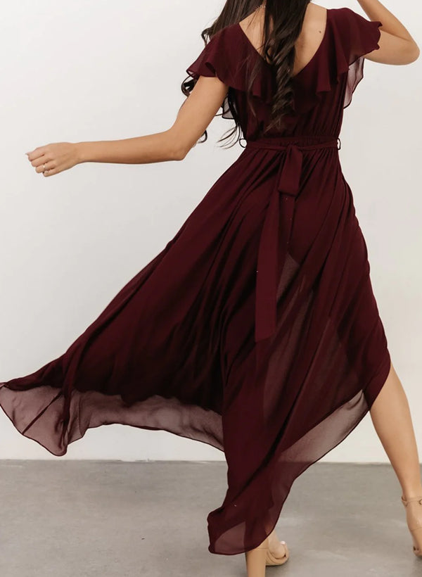 Sleeveless A-Line V-neck Chiffon Bridesmaid Dress with Asymmetrical Hem and Bow Details