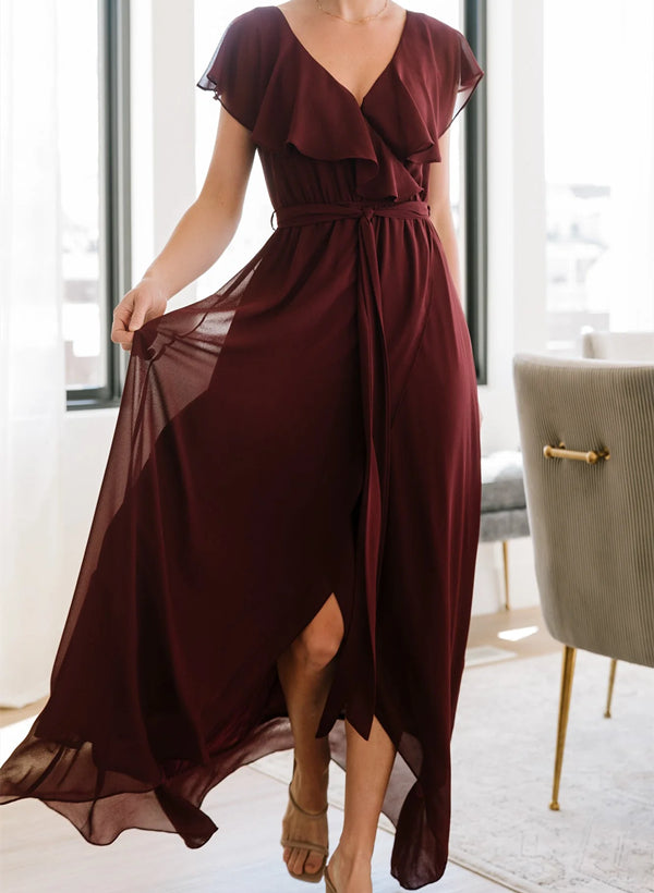 Sleeveless A-Line V-neck Chiffon Bridesmaid Dress with Asymmetrical Hem and Bow Details