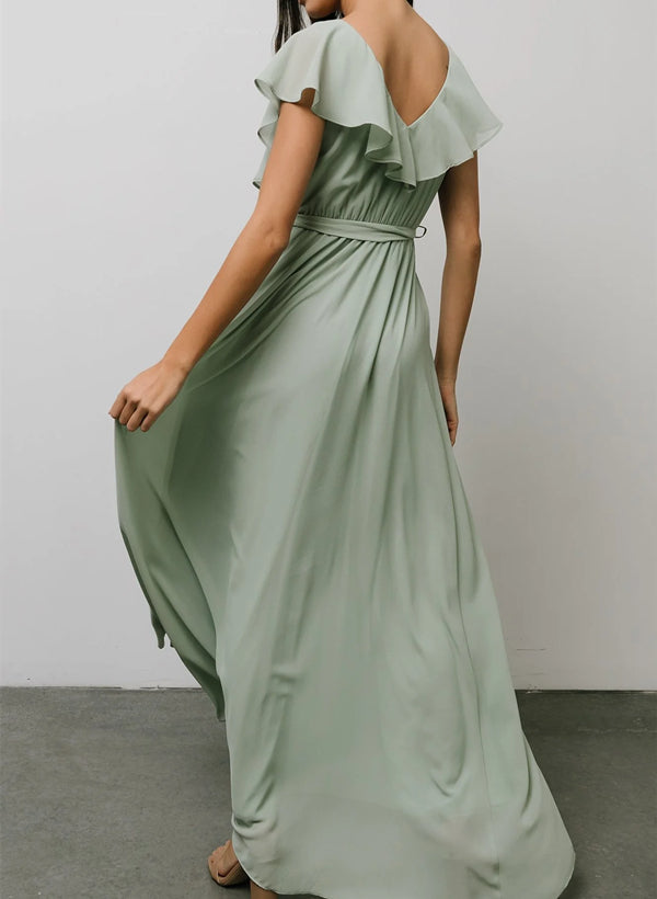 Sleeveless A-Line V-neck Chiffon Bridesmaid Dress with Asymmetrical Hem and Bow Details