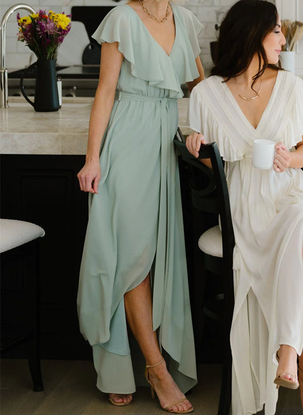 Sleeveless A-Line V-neck Chiffon Bridesmaid Dress with Asymmetrical Hem and Bow Details