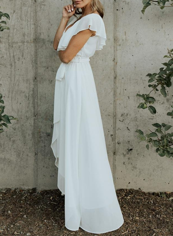 Sleeveless A-Line V-neck Chiffon Bridesmaid Dress with Asymmetrical Hem and Bow Details