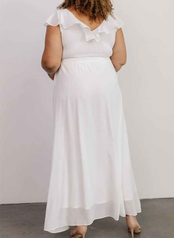Sleeveless A-Line V-neck Chiffon Bridesmaid Dress with Asymmetrical Hem and Bow Details