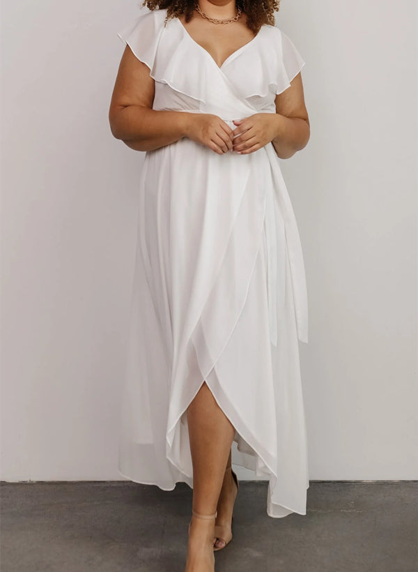 Sleeveless A-Line V-neck Chiffon Bridesmaid Dress with Asymmetrical Hem and Bow Details