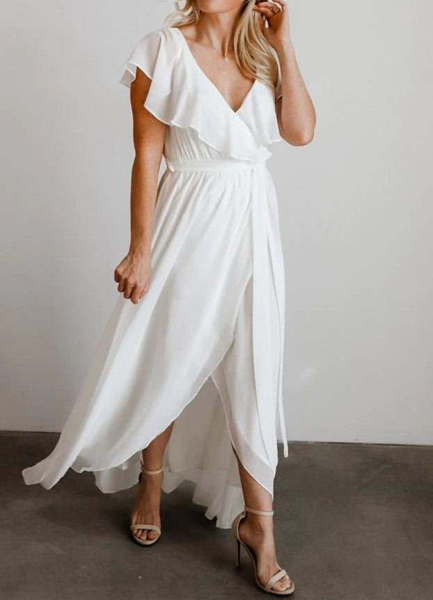 Sleeveless A-Line V-neck Chiffon Bridesmaid Dress with Asymmetrical Hem and Bow Details