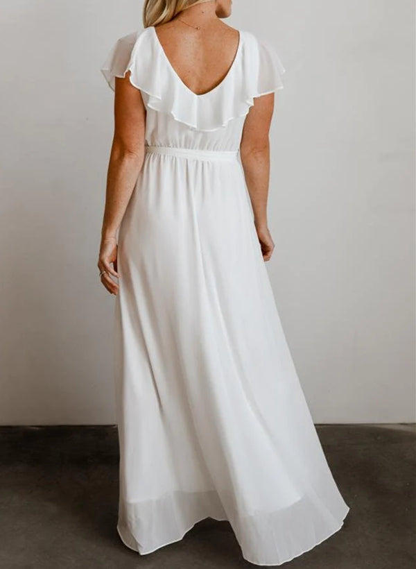 Sleeveless A-Line V-neck Chiffon Bridesmaid Dress with Asymmetrical Hem and Bow Details