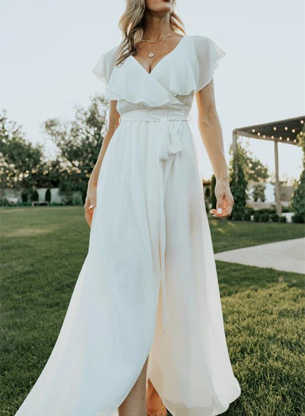 Sleeveless A-Line V-neck Chiffon Bridesmaid Dress with Asymmetrical Hem and Bow Details