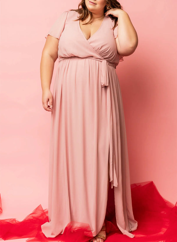 A-Line V-neck Short Sleeves Chiffon Floor-Length Bridesmaid Dress With Bows