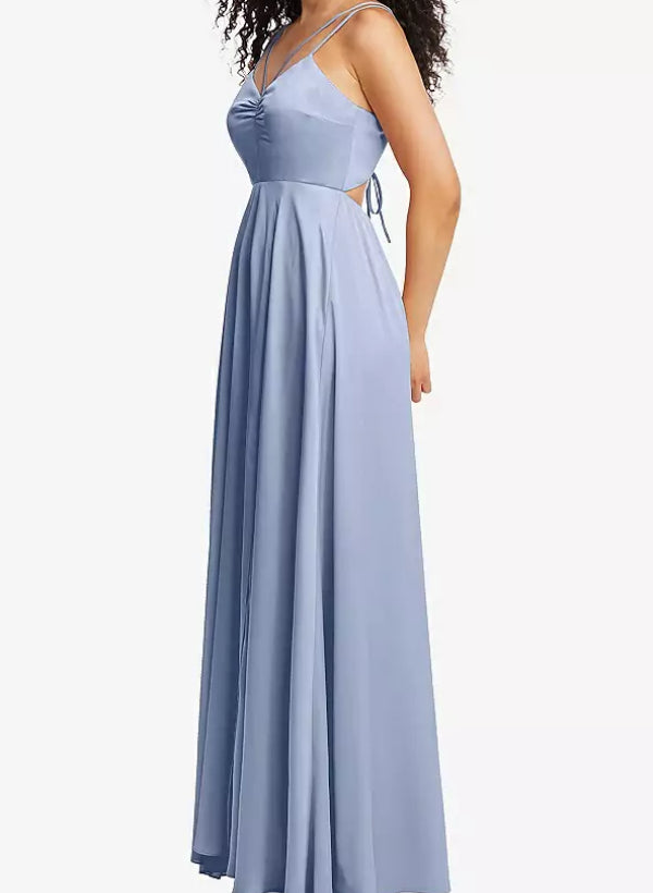 A-Line V-Neck Sleeveless Satin Floor-Length Bridesmaid Dress With Split Front