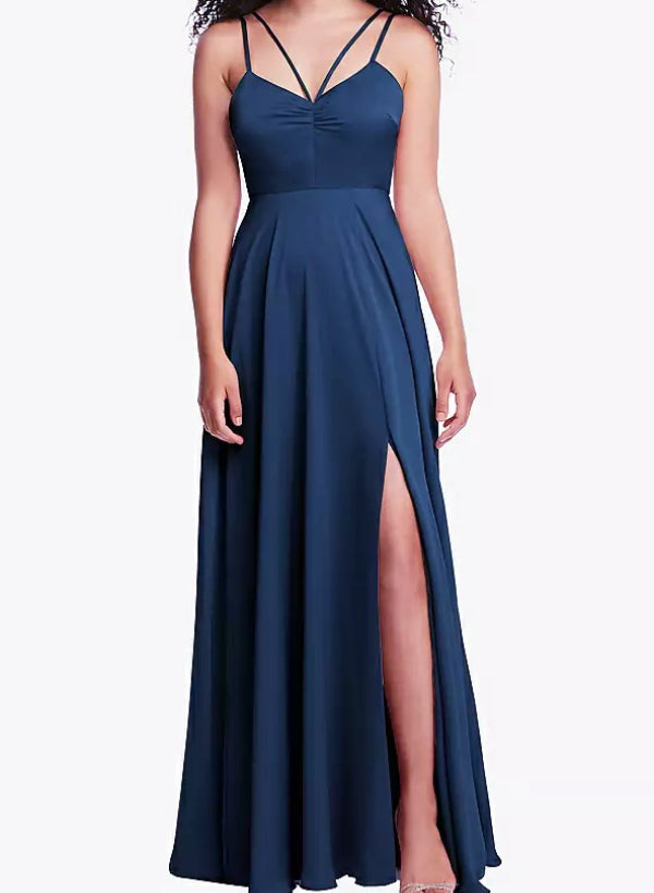 A-Line V-Neck Sleeveless Satin Floor-Length Bridesmaid Dress With Split Front