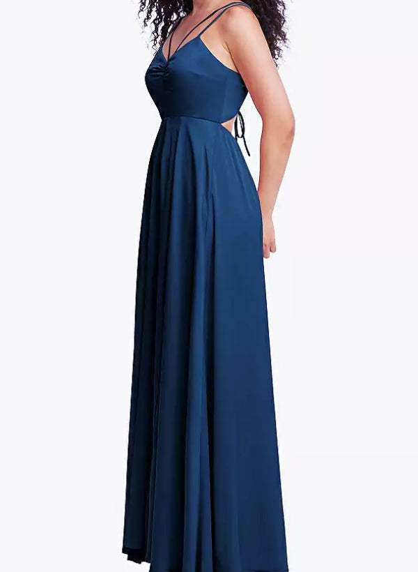 A-Line V-Neck Sleeveless Satin Floor-Length Bridesmaid Dress With Split Front