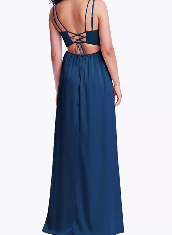 A-Line V-Neck Sleeveless Satin Floor-Length Bridesmaid Dress With Split Front