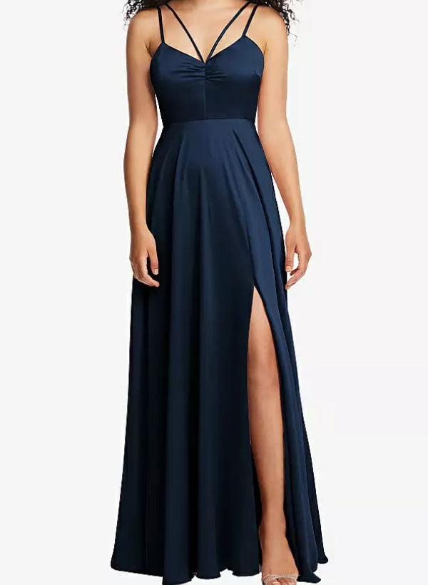 A-Line V-Neck Sleeveless Satin Floor-Length Bridesmaid Dress With Split Front