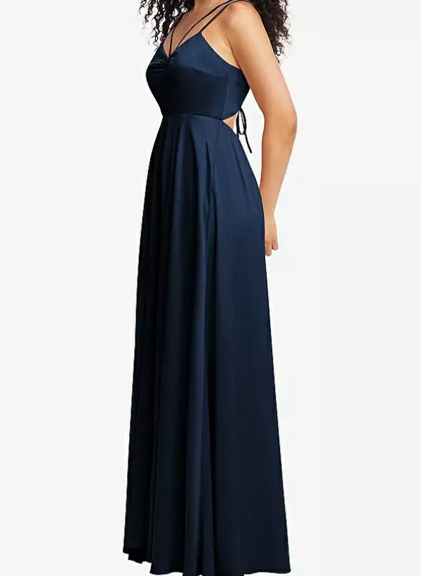 A-Line V-Neck Sleeveless Satin Floor-Length Bridesmaid Dress With Split Front