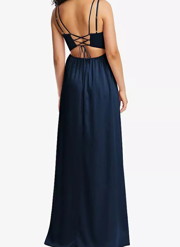 A-Line V-Neck Sleeveless Satin Floor-Length Bridesmaid Dress With Split Front