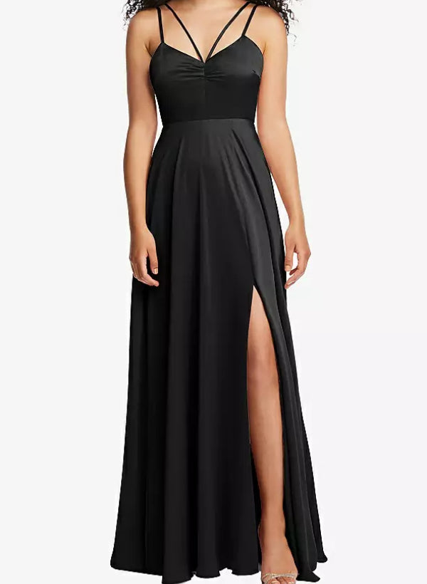 A-Line V-Neck Sleeveless Satin Floor-Length Bridesmaid Dress With Split Front