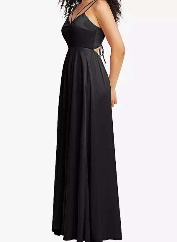 A-Line V-Neck Sleeveless Satin Floor-Length Bridesmaid Dress With Split Front