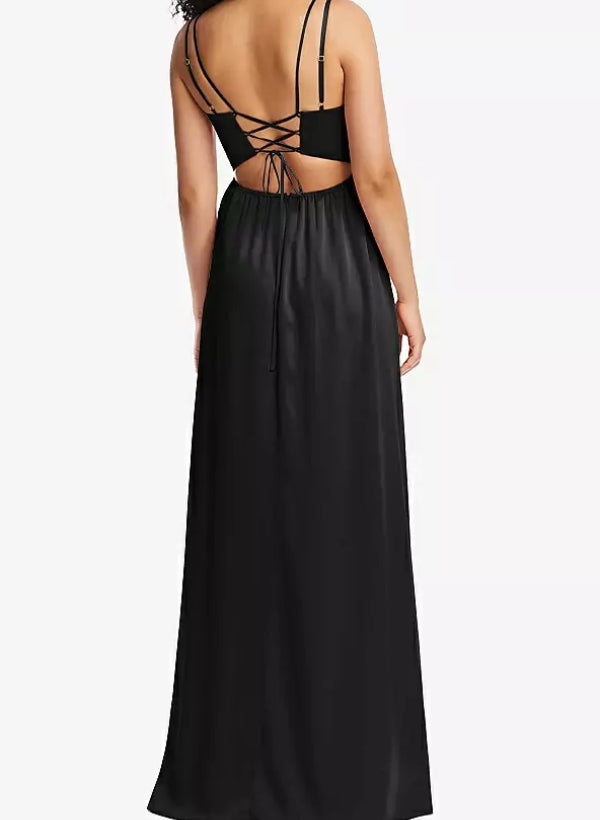 A-Line V-Neck Sleeveless Satin Floor-Length Bridesmaid Dress With Split Front