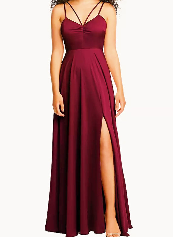 A-Line V-Neck Sleeveless Satin Floor-Length Bridesmaid Dress With Split Front