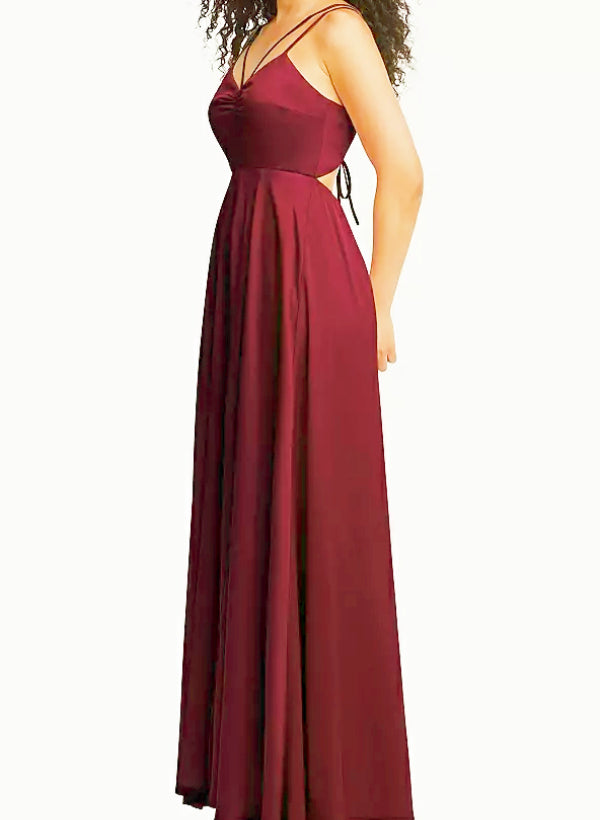 A-Line V-Neck Sleeveless Satin Floor-Length Bridesmaid Dress With Split Front