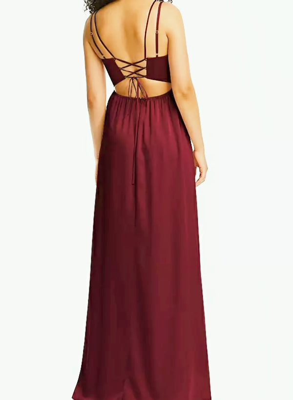 A-Line V-Neck Sleeveless Satin Floor-Length Bridesmaid Dress With Split Front