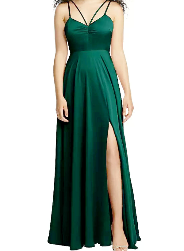 A-Line V-Neck Sleeveless Satin Floor-Length Bridesmaid Dress With Split Front