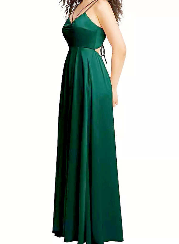 A-Line V-Neck Sleeveless Satin Floor-Length Bridesmaid Dress With Split Front