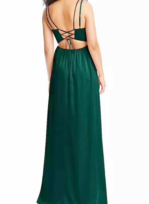 A-Line V-Neck Sleeveless Satin Floor-Length Bridesmaid Dress With Split Front