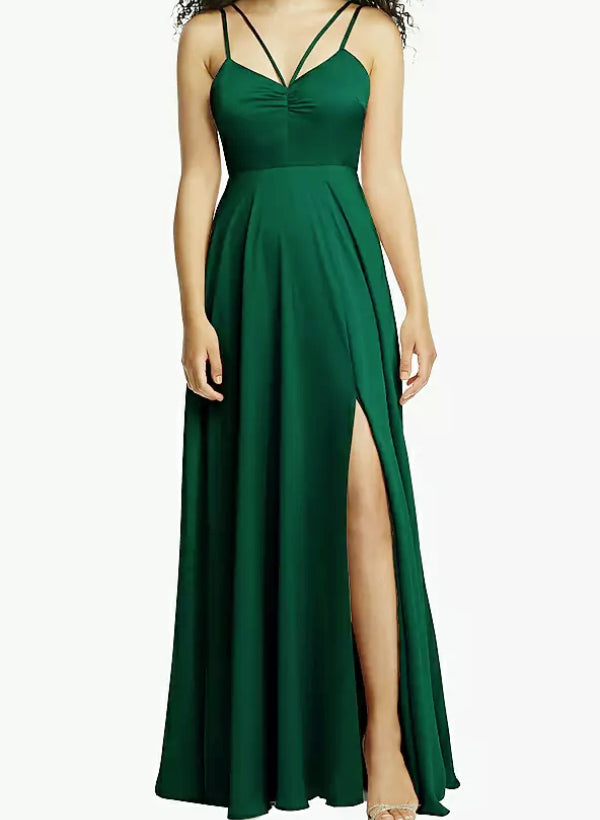 A-Line V-Neck Sleeveless Satin Floor-Length Bridesmaid Dress With Split Front